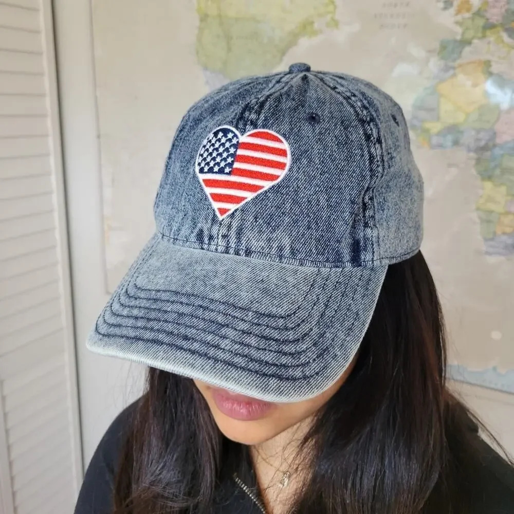 Mighty Fine Acid Wash Denim Embroidered Heart American Flag Baseball Cap Hat